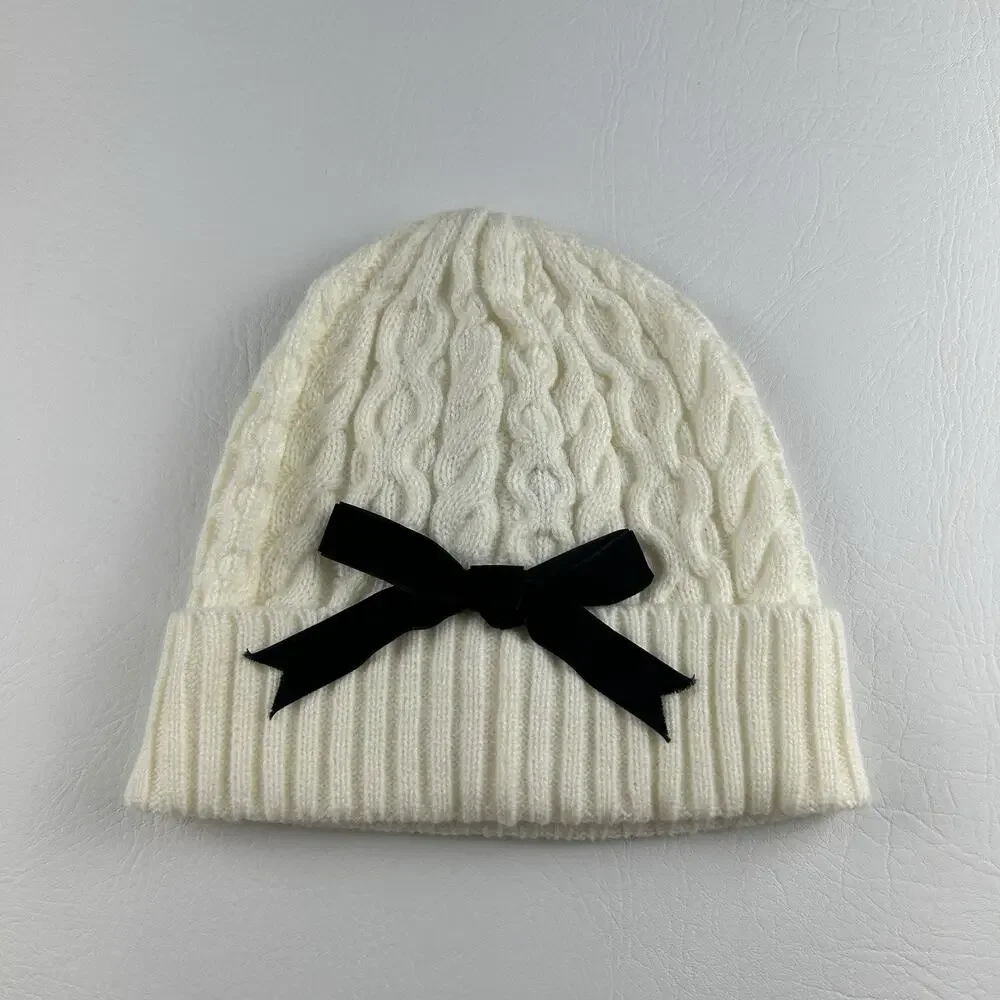 Kate Spade New York Women’s Ivory Cable Knit Beanie Black Bow Cuffed Hat